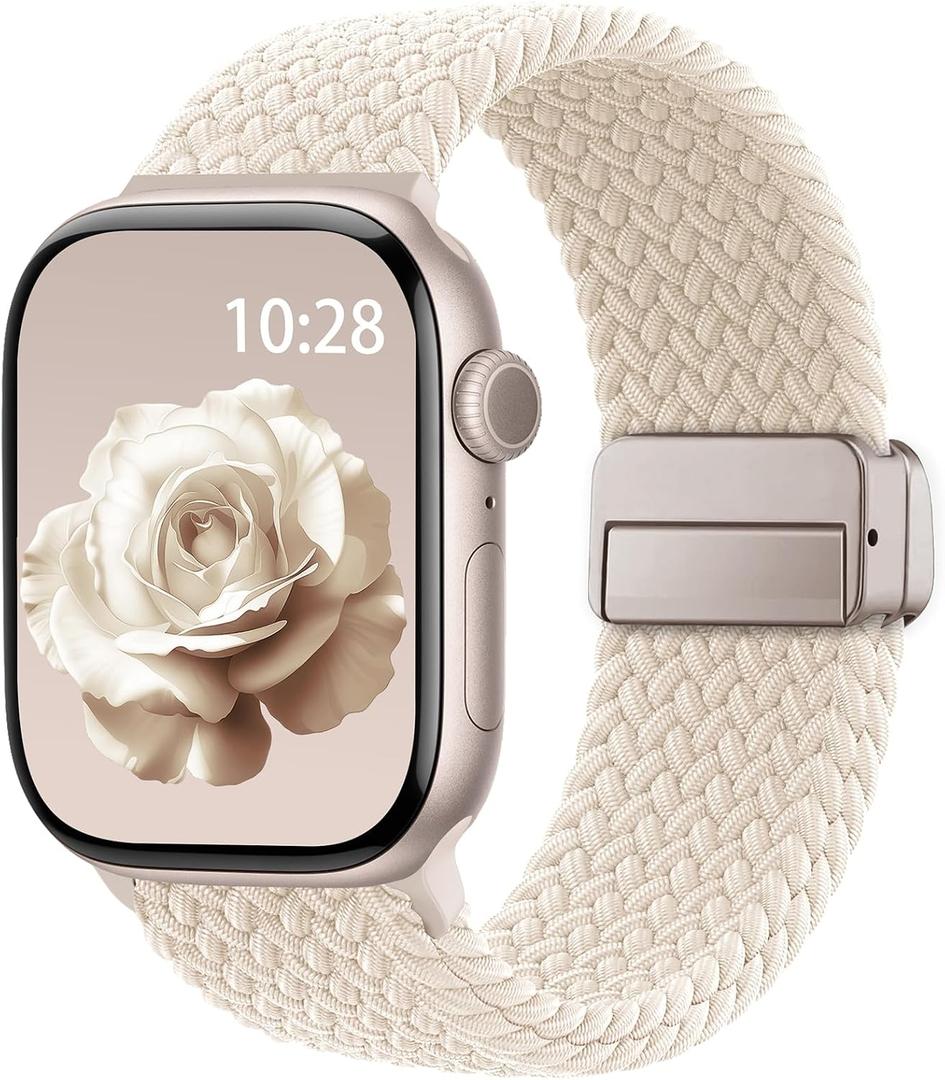 Braided Stretchy Band Compatible with Apple Watch Bands 44mm 45mm 46mm 49mm Women Men, Soft Nylon Solo Loop Magnetic Sport Strap for iWatch Series 11 10 9 8 7 6 5 4 3 2 1 SE Ultra
