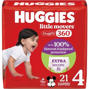 Huggies Size 4 Baby Diapers, Little Movers HuggFit 360 Baby Diapers with 360 Waistband, Size 4 (22-37 lbs), 21 Count