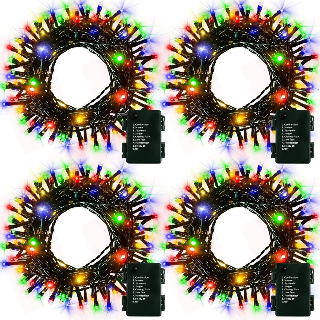 4 Pack Christmas String Lights Battery Operated, Each 50 LED16.5Ft Dark Green String Lights Auto Timer 8 Modes Indoor Outdoor Xmas Wreath Tree Decor (Multicolor)