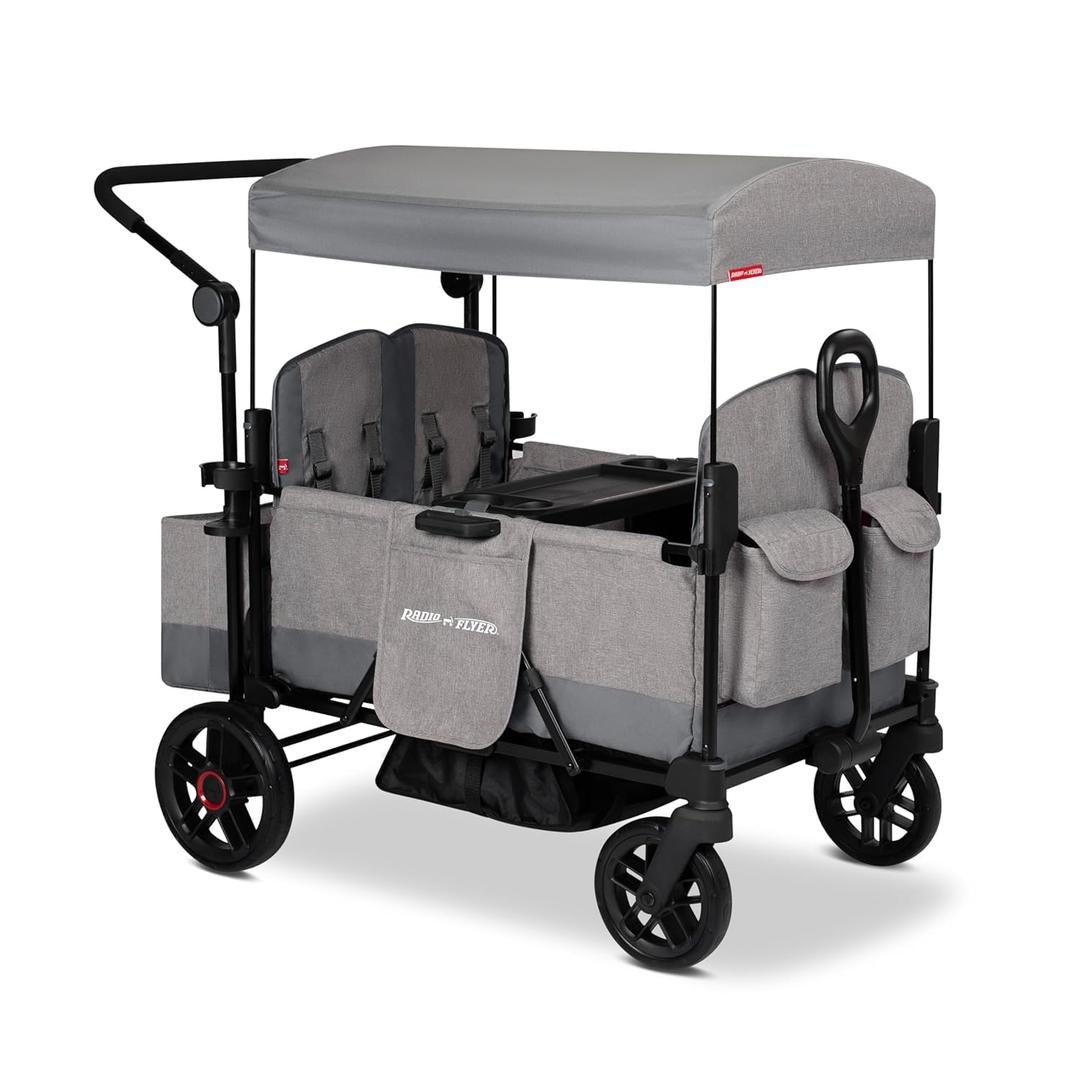 Radio Flyer Pathfinder 4-Seat Stroller Wagon, for Kids 6+ Months, UV Canopy | Compact Fold, Never Fall Pull Handle, Seats Convert to Flatbed, Snack Tray & Storage, Cup Holders