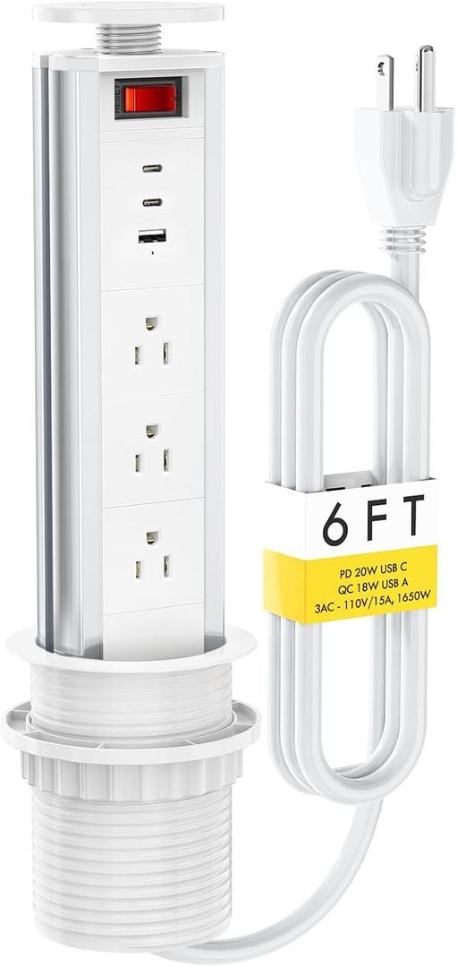 Pop Up Outlet for Countertop, Pull Pop Out Electrical Outlets with 3 AC Outlets, 2 PD 20W USB C and QC 18W USB A, Popup Desk Charging Station Power Hub for Conference Table Office Kitchen Island (White)