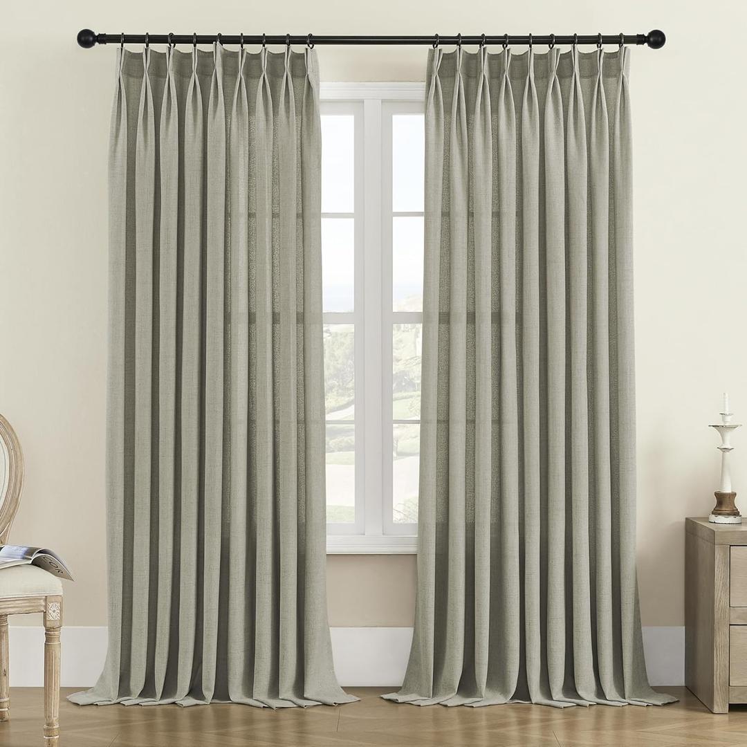 MASWOND Extra Wide Pinch Pleated Curtains 100W x 96L Inches, Faux Linen Pinch Pleat Semi Sheer Drapes for Patio Door, Living Room, Bedroom, Light Filtering Drapes with Hooks (1 Panel, Taupe)