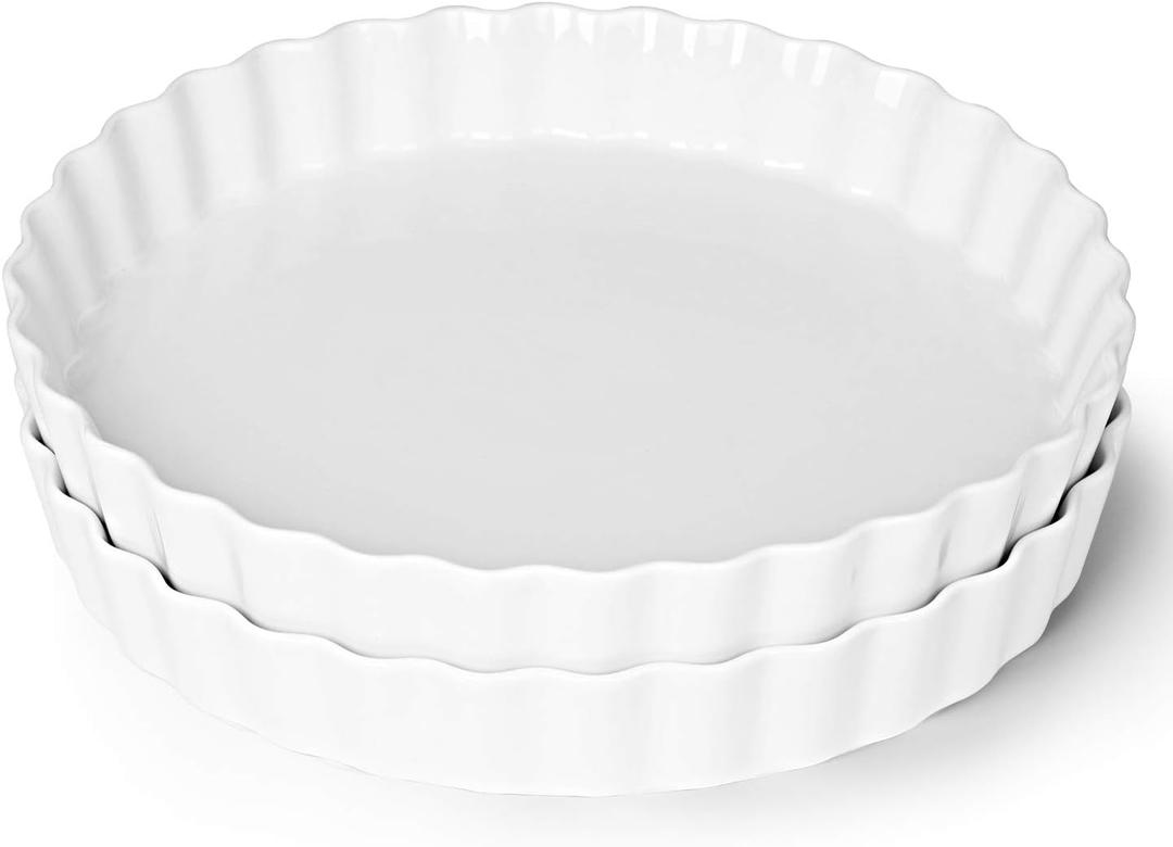 ONTUBE Pie Pans 11 Inches Ceramic Quiche Pans, Round Pie Tins for Baking,Oven Saf (White, 11" x 2 Pieces)
