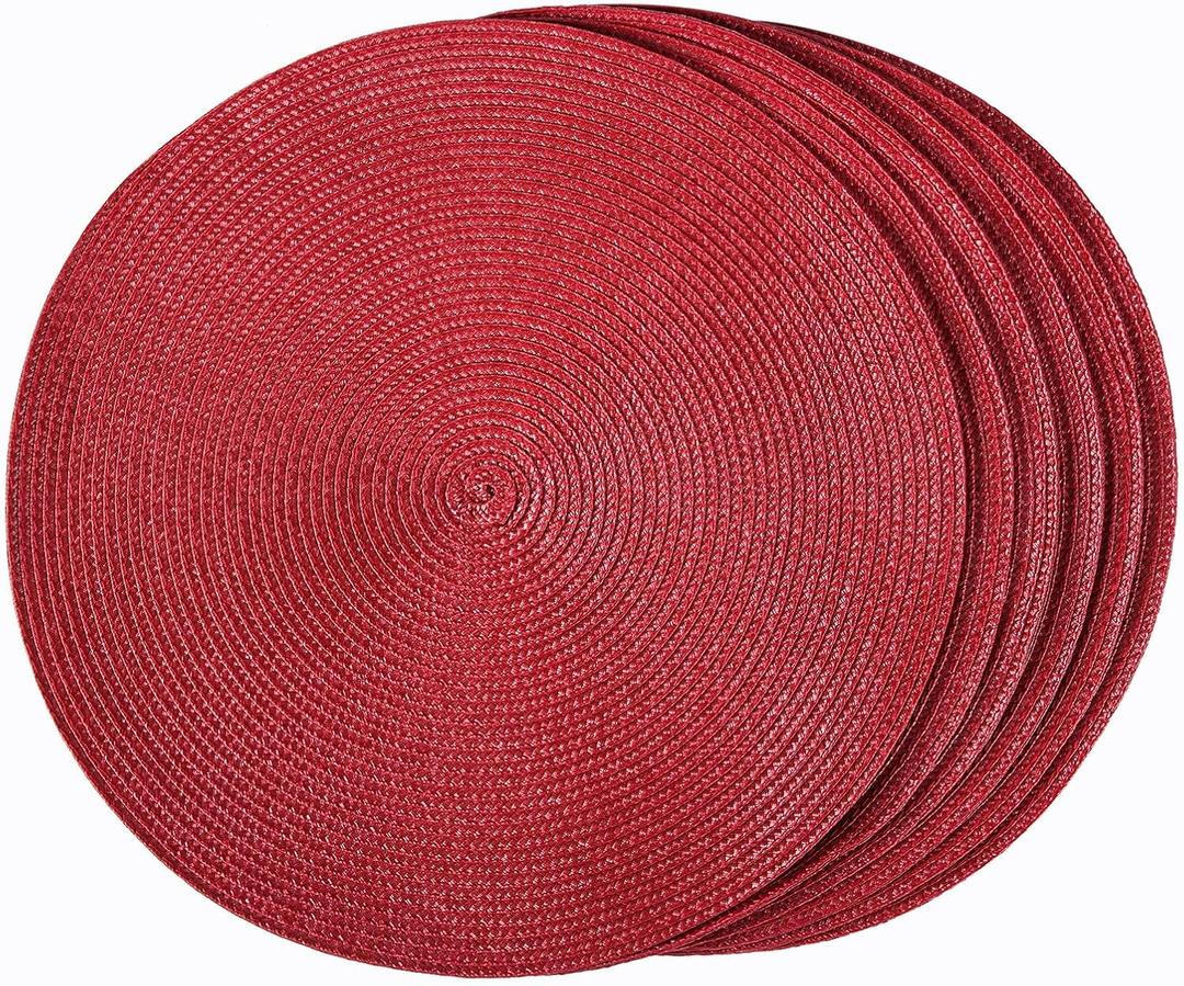 HODJOY Placemats Set of 6, Round Woven Table Mats for Dining Table, Washable Non-Slip Placemats for Christmas, 15inches (Dark Red)