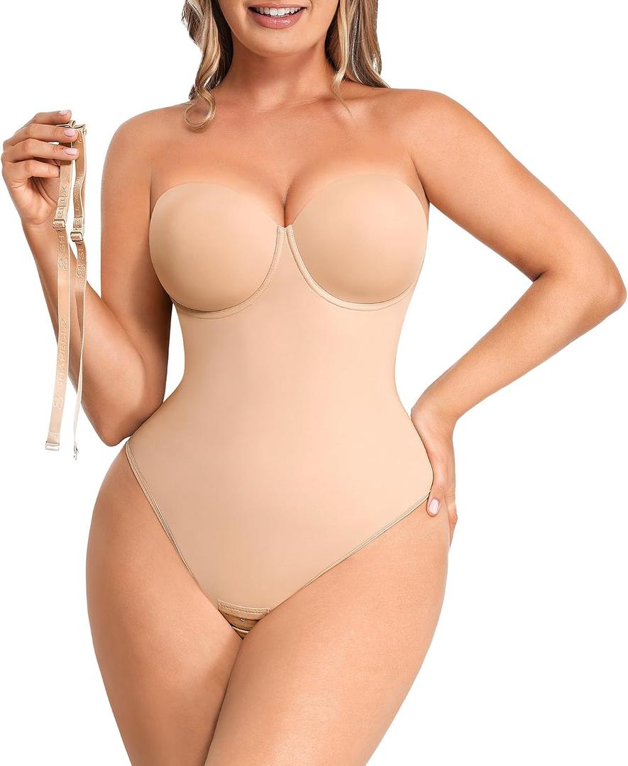 SHAPELLX Shapewear Bodysuit for Women Tummy Control Strapless Body Suit Faja Body Shaper Thong,Medium