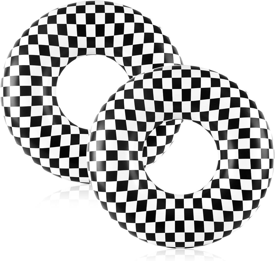 2 Pcs 28 Inch Race Car Pool Floats for Kids Adults, Floaties Pool Tubes Checkered Flag Inflatable Swim Rings Toys for Summer Beach Birthday Party Water Park Fun Interactive Water Play Accessories