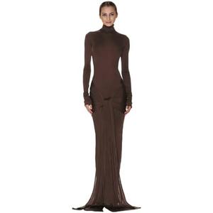 JUMISEE Women's Sexy High Neck Long Sleeve Maxi Dress Elegant Tie Waist Bodycon Long Dress Cocktail Party Dress Small, Coffee 