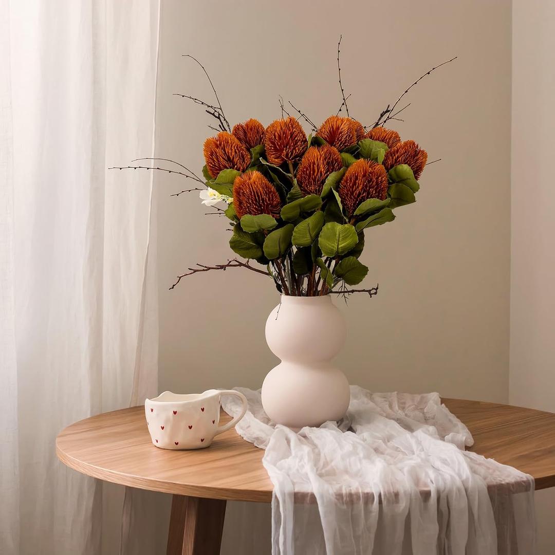 6Pcs 23inch Artificial Flowers Fake Fall Banksia Flower Orange Long Stem Autumn Faux Banksia Flowers Floral Arrangements for Home Bedroom Table Wedding Party Boho Decor