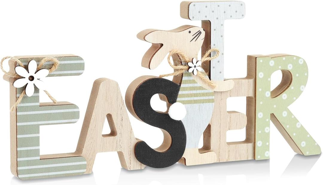 5 x Shzbtdo Easter Decorations for Home, Farmhouse Table Wooden Bunny Mantel Decors, Indoor Easter Sign Decor for Tiered Tray Decor