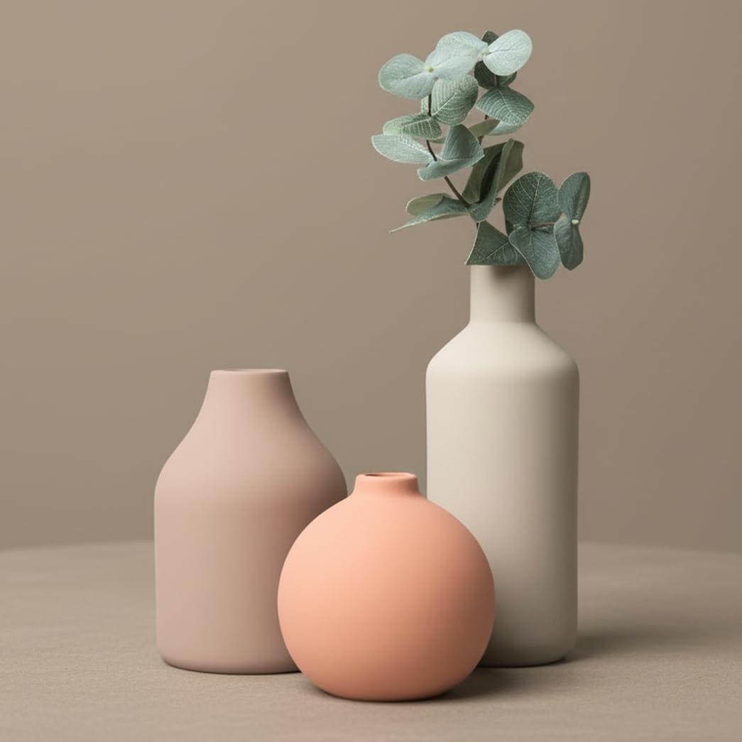 Ceramic Vase Set of 3 - Modern Farmhouse Decorative Vases for Home Decor. Boho, Rustic Vase, Small Neutral Pottery Vase Sets for Table, Shelf, Entryway, Living Room, Kitchen, Bedroom, Bathroom, Office (Beige)