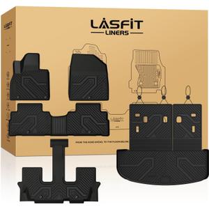 LASFIT Floor Mats & Backrest Mats & Cargo Mat for Kia Telluride 2025 2024 2023 2022 2021 2020, All Weather TPE Custom Fit Floor Liners with Full Set Car Mats & Trunk Mats Accessories, Black
