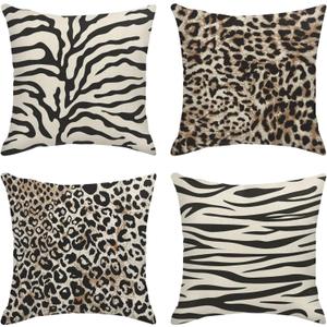 Sanwarm Throw Pillow Covers Home Decor Set of 4 Animal Leopard Brown Safari Abstract Pillow Cases Decorative 18 x 18 Inches Outdoor Cushion Couch Sofa Pillowcases