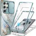 GVIEWIN for Samsung Galaxy S24 Ultra Case, [Slide Camera Cover & Built-in Screen Protector] [2 Front Frame] Military Grade Shockproof Marble Phone Case for S24 Ultra 6.8" (Ocean Tide/Green)