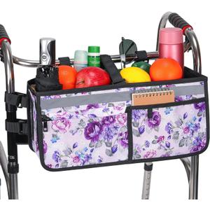 Walker Basket, Walker Accessories - Walker Tray, and Storage Bag for Folding & Rolling Walkers  Ideal for Seniors (Purple Flower)