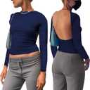 Backless Tops for Women Sexy - Casual Y2K Crop Shirts Long Sleeve Crewneck Slim Fit Cut Out Tees, Navy Blue, Large