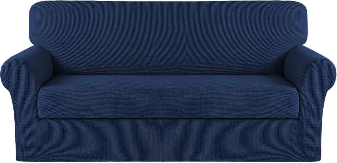 Turquoize Stretch Sofa Slipcover 2 Pieces Sofa Cover Couch Cover for 3 Cushion Couch Washable Furniture Protector Covers with Elastic Bottom Feature Thick Jacquard Fabric (Sofa, Navy)