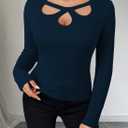 Pink Queen Sexy Tops for Women Long Sleeve Keyhole Cutout Ribbed Knit Shirt Stretchy Casual Fall Going Out Top (Blue, S)
