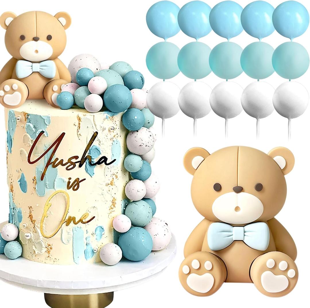 Bear Cake Toppers Blue Bear Balls Cake Decorations Ball Cake Topper for Boy Girl Birthday Party Baby Shower Cake Decorations