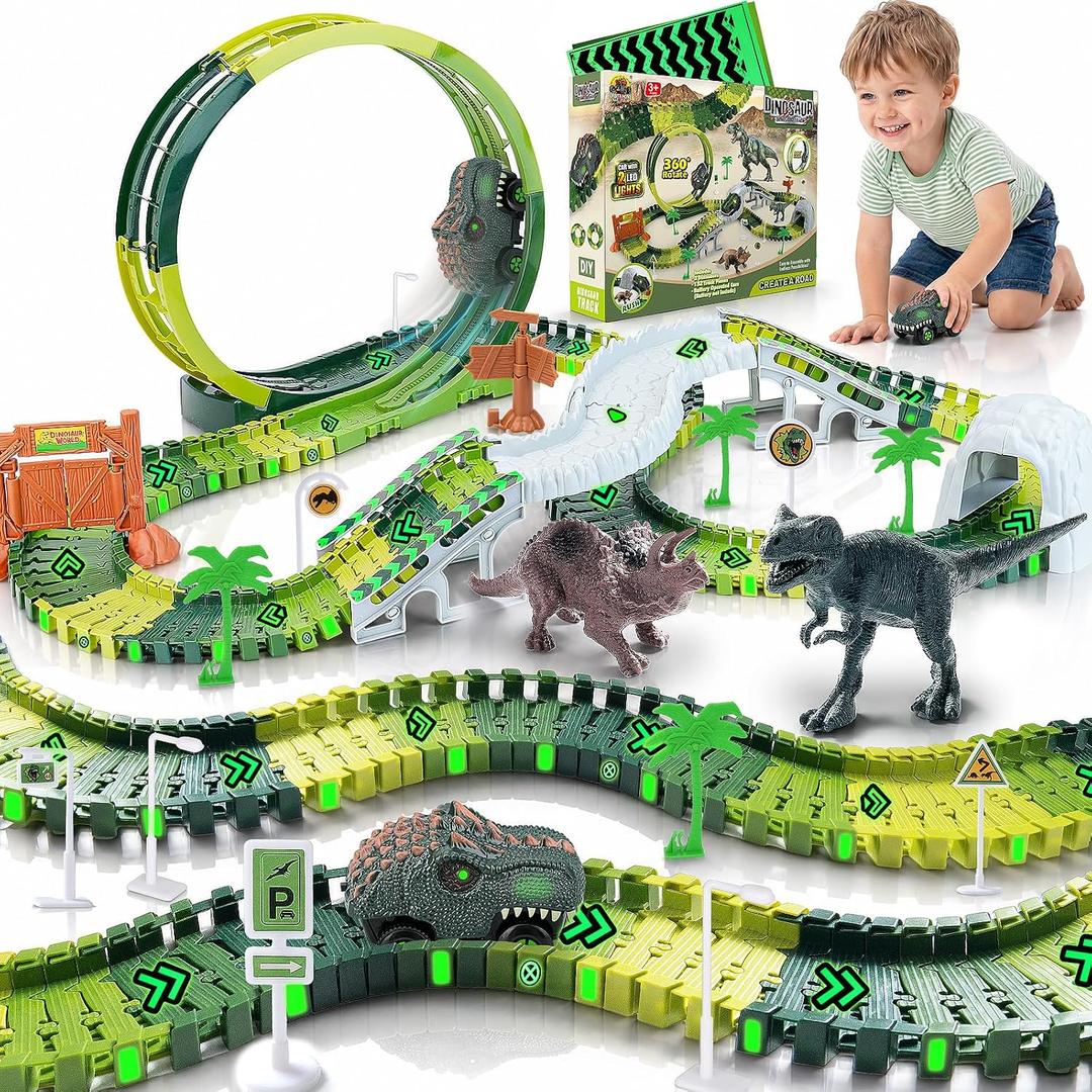 173 PCS Dinosaur Race Tracks for Kids Toys, Glow in The Dark Magic Toy Set with 360 Loop Ramp, 1 Dinosaur Car Track, 2 Realistic Dinosaurs, Flexible DIY Track Set, Gift for Boys Girls Age 3-9
