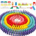 Wondertoys 600 PCS Dominoes Set for Kids Wooden Building Blocks 6 Colors Bulk Dominoes Racing Tile Games Educational Toy for Kids Birthday Party with 11 Add-on Blocks and 1 Storage Bag