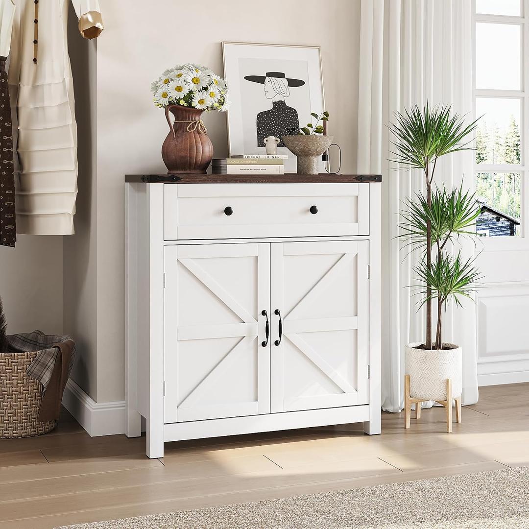 Semiocthome Farmhouse Sideboard Buffet Cabinet with Storage and Adjustable Shelf, Accent Table with Barn Door, Storage Cabinet for Kitchen, Dining Room, Bathroom, Entryway - White