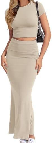 CHYRII Womens Two Piece Sets Short Sleeve Crewneck Cropped Top Bodycon Fold Over Maxi Skirt Maxi Dress Outfit Size M