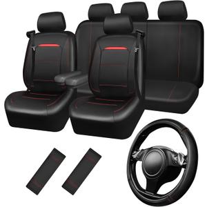 CAR PASS Leather Car Seat Cover Full Set for Trucks and SUV with Built-in Seatbelts and Front Seat Side Armrests, with Steering Wheel Cover and 2PCS Seat Belt Shoulder Pads(Combo Set, Black and Red)