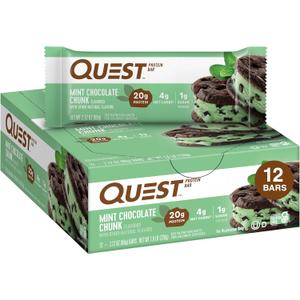Quest Nutrition Mint Chocolate Chunk Protein Bars, 20g Protein, 1g Sugar, 4g Net Carb, Gluten Free, Keto Friendly, 12 Count (BBD: 05/22/26)