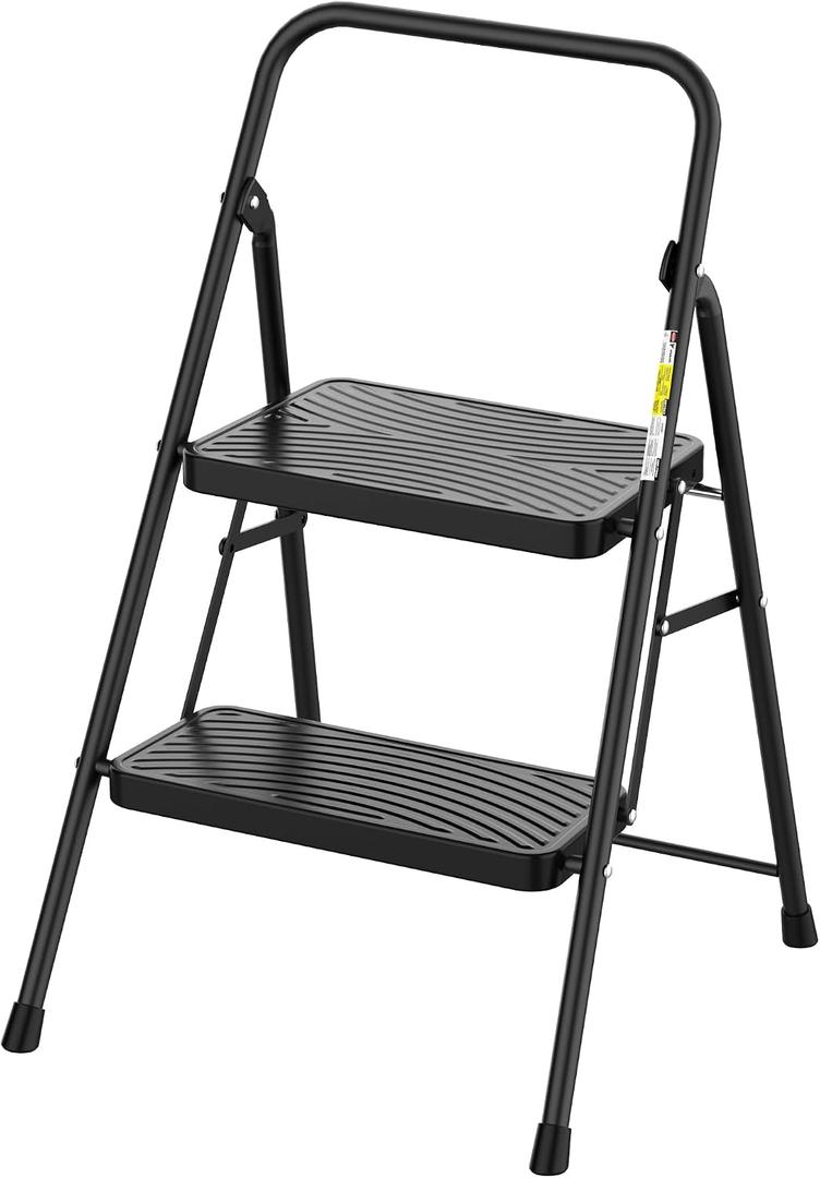 HBtower 2 Step Ladder, Step Stool with Wide Anti-Slip Pedal, Folding Step Stool with Convenient Handle for Home and Kitchen, Black