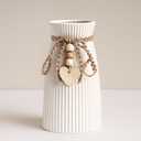 DomeStar White Flower Vase, Small Ceramic Vase Modern Home Decor with Grooves and Hanging Rope for Wedding Baby Shower Party Gift