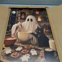 Framed Funny Halloween Kitchen Canvas Wall Art, Ghost Baking Cookies with Black Cat Wall Decor, Spooky Pumpkin Canvas Print Poster for Kitchen Dining Room Halloween Home Decor 16x24 Inch