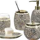 Whole HOUSEWARES - Bathroom Accessory Set - Accesorios de Bao - 5-Piece Decorative Glass Bathroom Accessories Set - Soap Dispenser, Tray, Jar, Toothbrush Holder - Mosaic Glass (Gold)