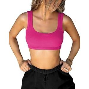 XUNYU Square Neck Tank Top for Women Ribbed Padded Crop Top with Built in Bra U Back Sexy Going Out Tops Basic Casual Summer Hot Pink, L