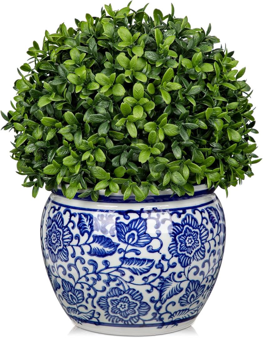 DILATATA Artificial Topiary Boxwood Ball in Blue and White Ceramic Pot, 10 Inch Artificial Boxwood in Planters Decorative Fake Greenery for Table Centerpiece Indoor Plant Home Decor - Medium