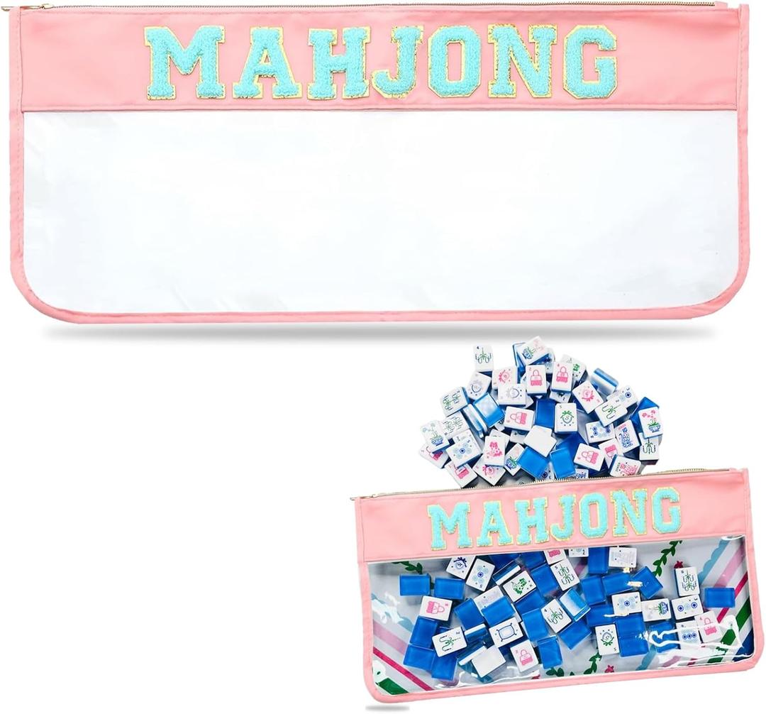 American Mahjong Tile Bag with Zipper,Empty Clear Waterproof Mahjong Bags,Mahjong Accessories and Gifts for Game Lover Gift Travel (Pink)