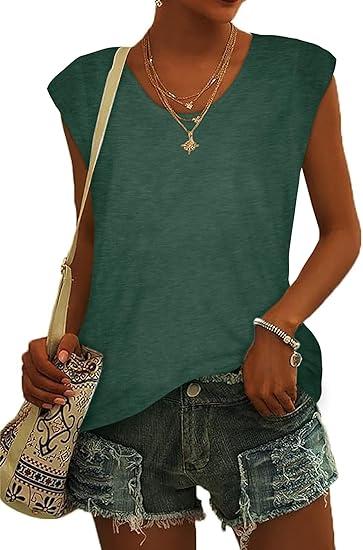 CHICALLURE Womens Tank Tops Summer Cap Sleeve T Shirts V Neck Dressy Casual Loose Fit Blouse, Army green, M