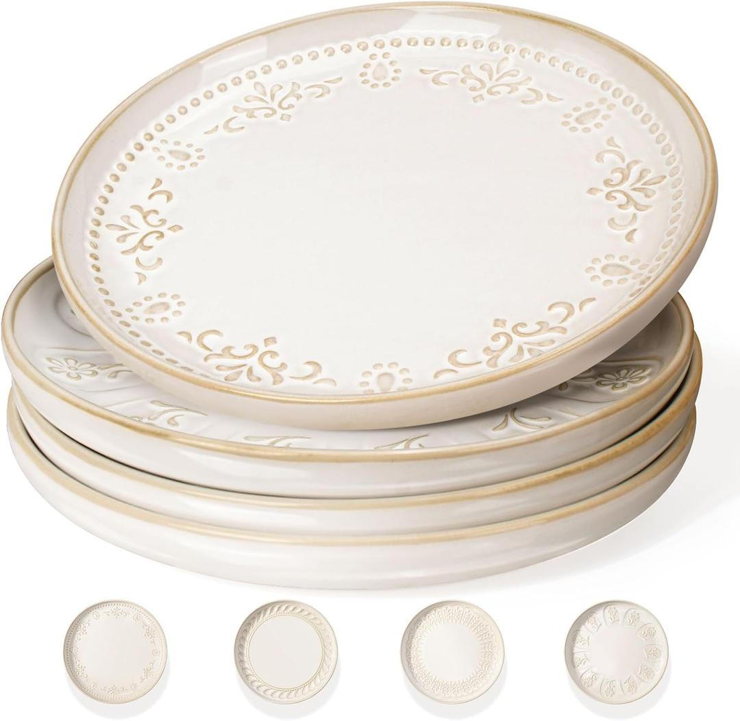 Artena Salad Plates Set Of 4, 8.5 Inch Embossed Small Ceramic Dinner Plates for Appetizer Dessert, Kitchen Plates With Lipped Edges, Microwave Oven Dishwasher Safe (Multiple Patterns)