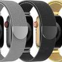 BELONGME 3 Pack Mesh Loop Compatible with Apple Watch Bands for Women Men 42mm/44mm/45mm/49mm/46mm(series 11 10), Stainless Steel Metal Magnetic Strap for iWatch (Titanium+Black+Gold)