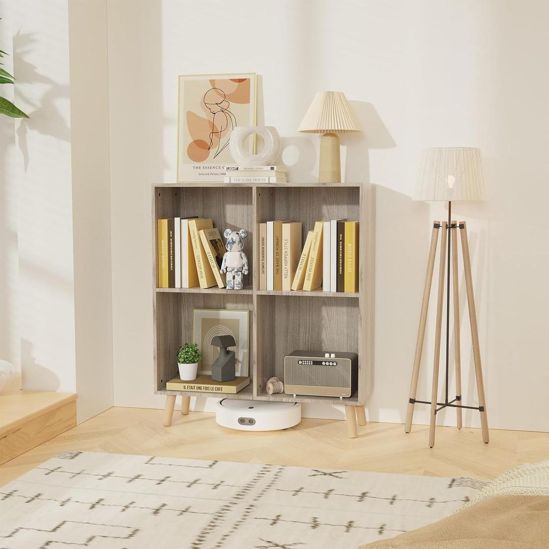 Lkeiyay Wooden 4 Cube Open Bookcase,2 Tier Mid-Century Bookshelf with Legs, Modern Storage Display Cabinet Organizer Bookshelves for Bedroom,Living Room,Office (Grey)
