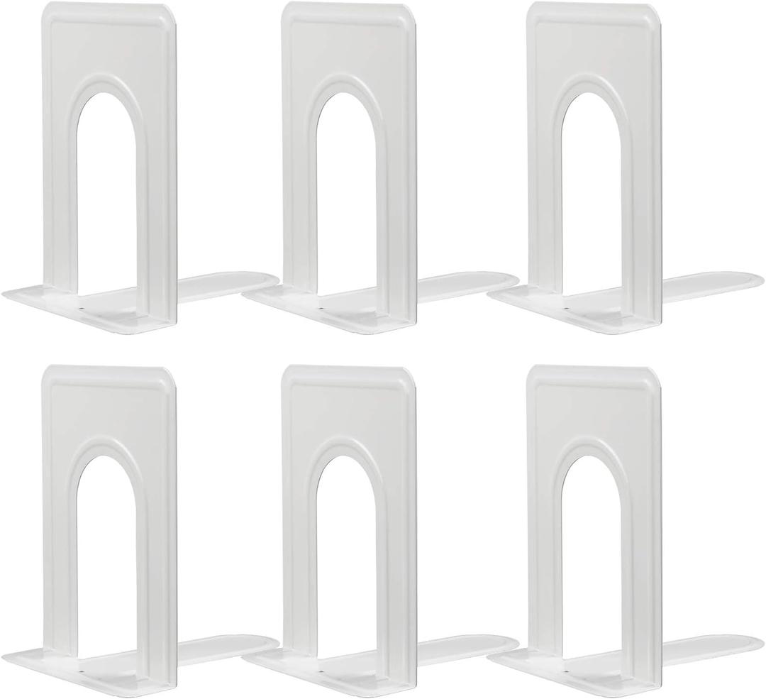 Happyhapi Metal Bookends - 3 Pairs, Heavy Book Supports for Home Office Library, White (3 pair, White)