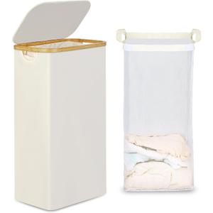 efluky Slim Laundry Basket with Lid, Narrow Laundry Hamper with Removable Bag, Skinny Dirty Clothes Basket with Bamboo Handles for Bathroom, Bedroom & Laundry Room, 75L Beige