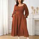 SCOMCHIC Womens Plus Size Maxi Dress Long Sleeve Square Neck Smocked Dress | Wedding Guest Cocktail Flowy Split Casual Fall Dress Empire Waist A Line Long Dresses with Pockets (XXXL)
