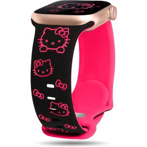 Cute Cat Engraved Band Compatible with Apple Watch Bands for Women 42/46/45/44/49mm, Funny Cartoon Pattern Soft Silicone Sport Strap for iWatch Series 11 10 9 8 7 6 5 4 SE/Ultra 3 2 1