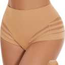 WOWENY 2 Pack Seamless High Waist Underwear Tummy Control Shapewear Stripe Lace Compression Panties Butt Lifter (X-Large, New-black&beige)