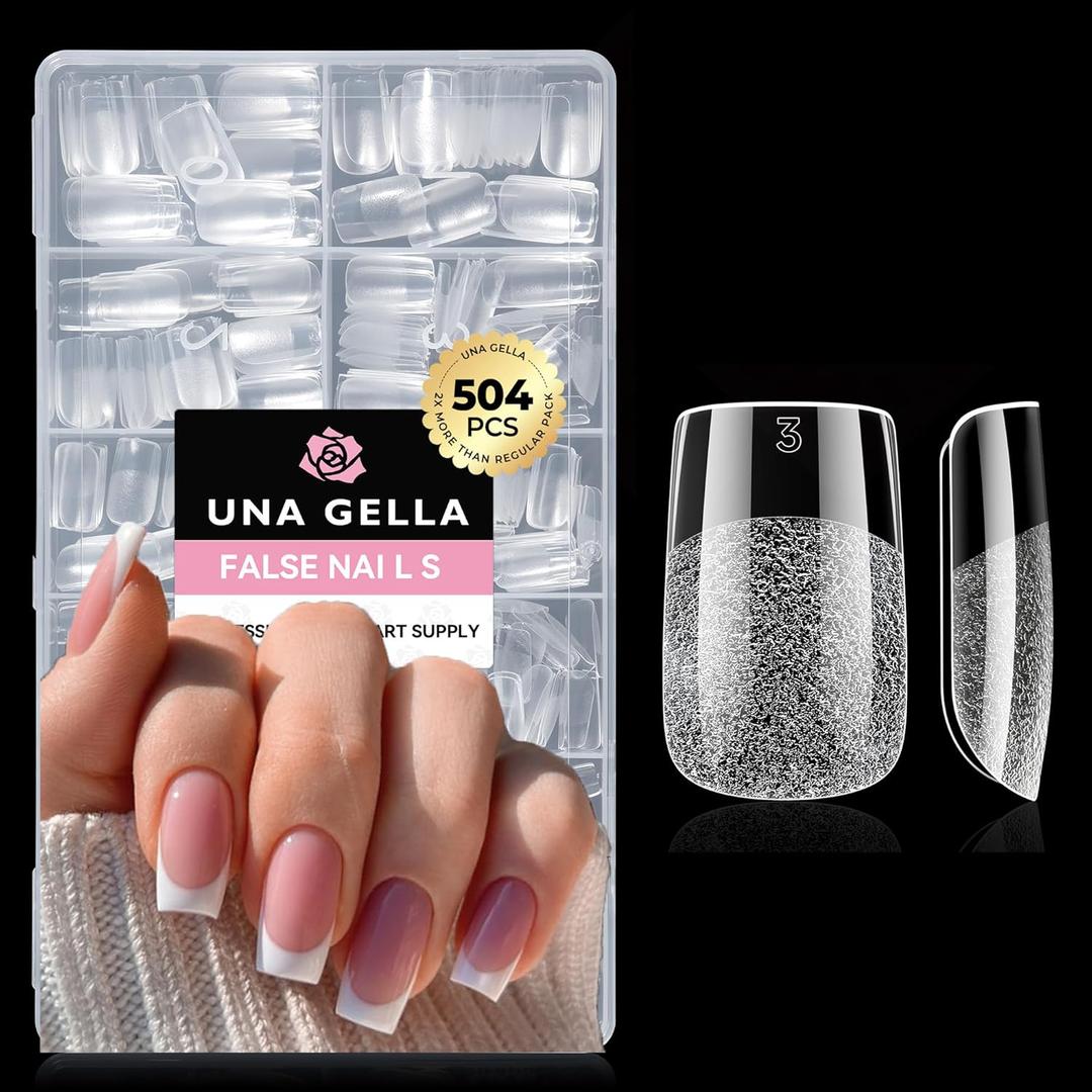 UNA GELLA Nail Tips Square: 504PCS Short Square Nail Tips Pre Etched Gel Fake Nails Tips, No C Curve For Women DIY Nail Extension French Style Salon Home Full Cover Soft Acrylic False Tips 12 Sizes