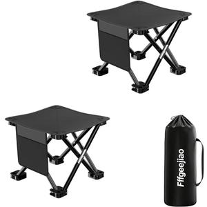 2 Pcs Lightweight Folding Camping Stool, 14 Inches, Black | Camping Chair Seats, Side Pocket, Carry Bag, Outdoor Hiking, Fishing, Picnic, Beach, Lawn Party, 14.17" x 14.17" x 11.8"