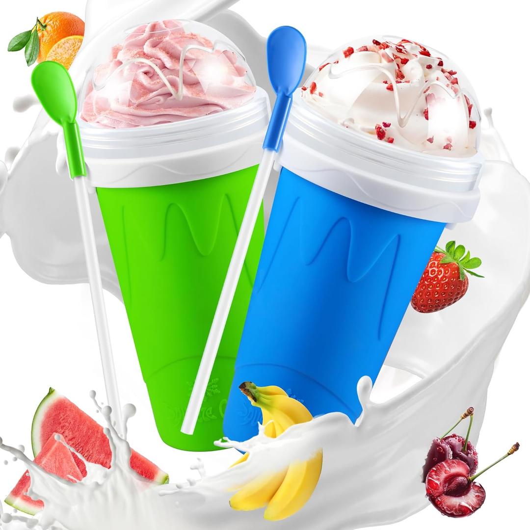 RELPOM Slushie Maker Cup, 2 Pack Magic Quick Frozen Smoothies Cups, Cooling Cup, Slushy Cups, Ice Cream Make, Cool Stuff Things Gadgets Funny Gifts for Kids (Blue and Green)
