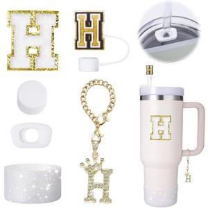 2 x Mighty Rain 6pc Cup Accessories Set for Stanley Cup 30 oz, 40 oz Tumbler with Handle, Including Straw Cover, Cap, Initial Charm, Silicone Boot, Round and Square Spill Proof Stoppers, Letter H