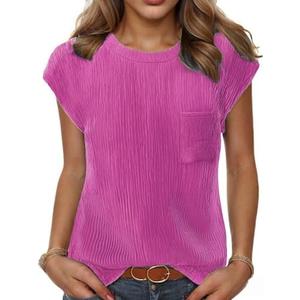 HOTOUCH Cap Sleeve Shirt Top for Women's Trendy Crew Neck Blouse Basic Textured T-shirts Tunic with Pocket  (Medium), Pink 