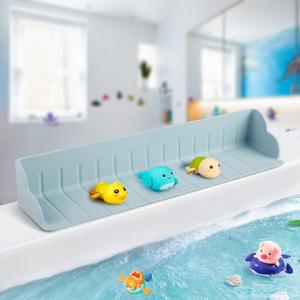 Bathtub Splash Guard for Tub, Silicone Bathtub Caddy Tray with Play Shelf, Kids Bath Tub Shelf and Organizer for Baby Bath Toys, Bath Toy Holder, Toddler Bathtub Accessories(Classic Blue)